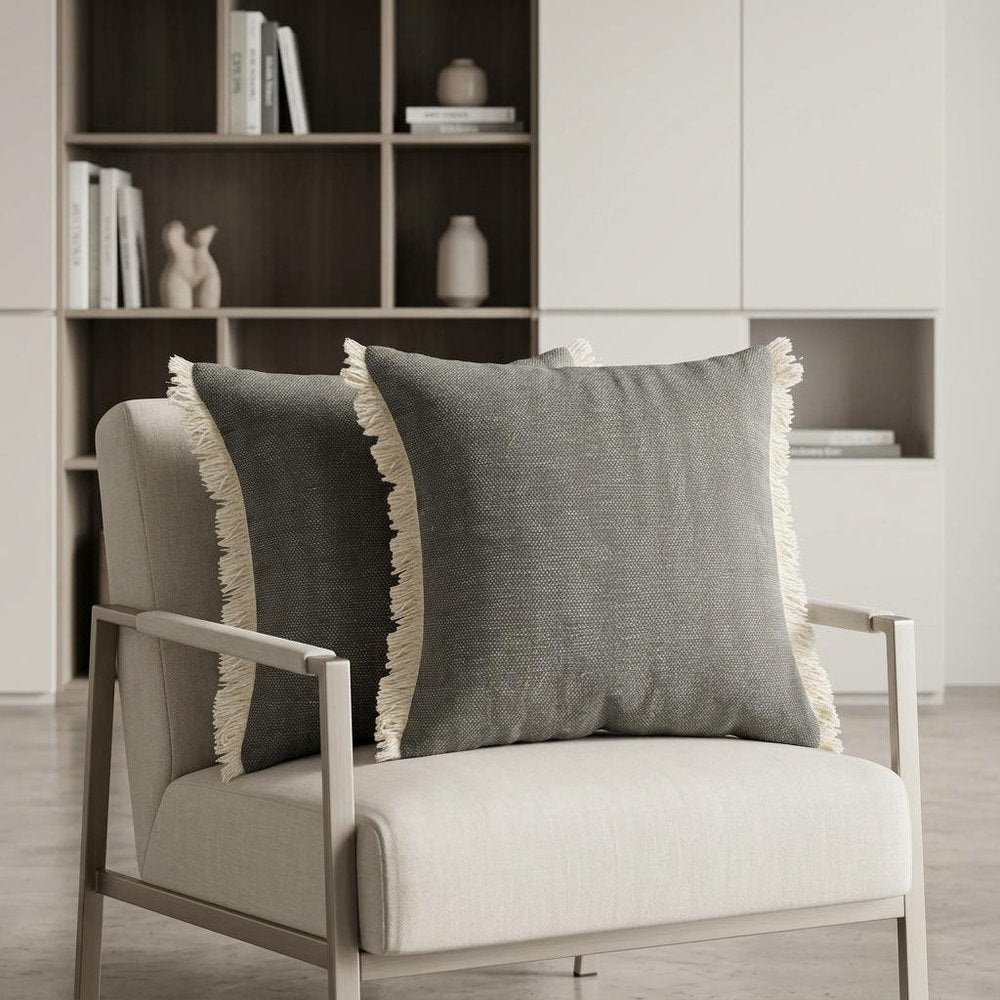 Set of Two 20" Gray And Off White Cotton Throw Pillows with Fringe