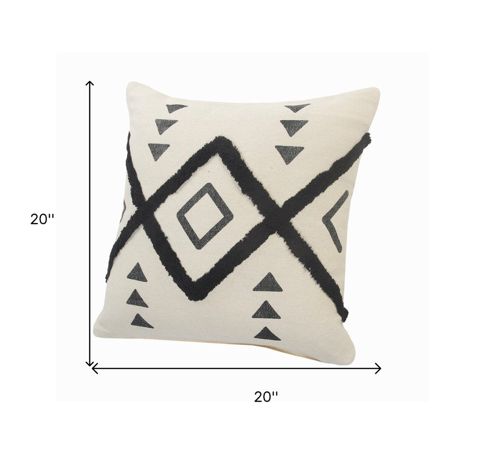 Set of Two 20" Natural And Black Geometric Cotton Throw Pillows with Texture