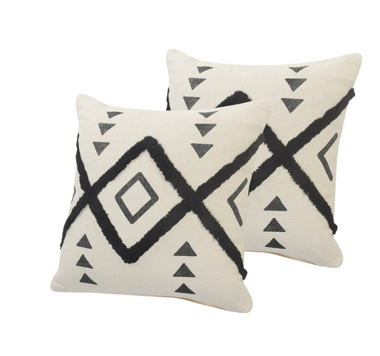 Set of Two 20" Natural And Black Geometric Cotton Throw Pillows with Texture