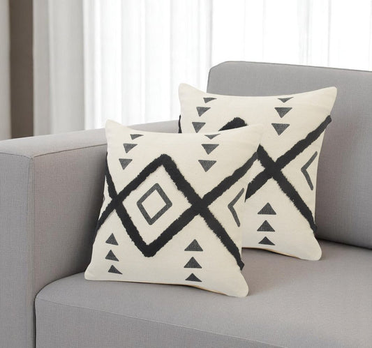 Set of Two 20" Natural And Black Geometric Cotton Throw Pillows with Texture