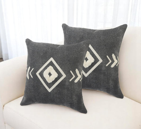 Set of Two 20" Black And White Geometric Cotton Throw Pillows with Texture