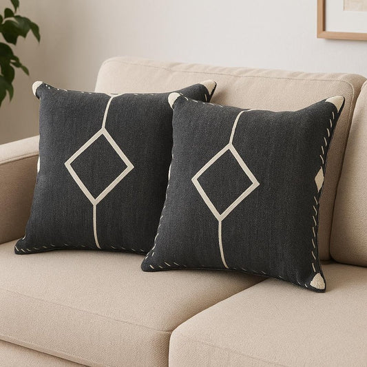 Set of Two 20" Black And Off White Diamond Cotton Throw Pillows