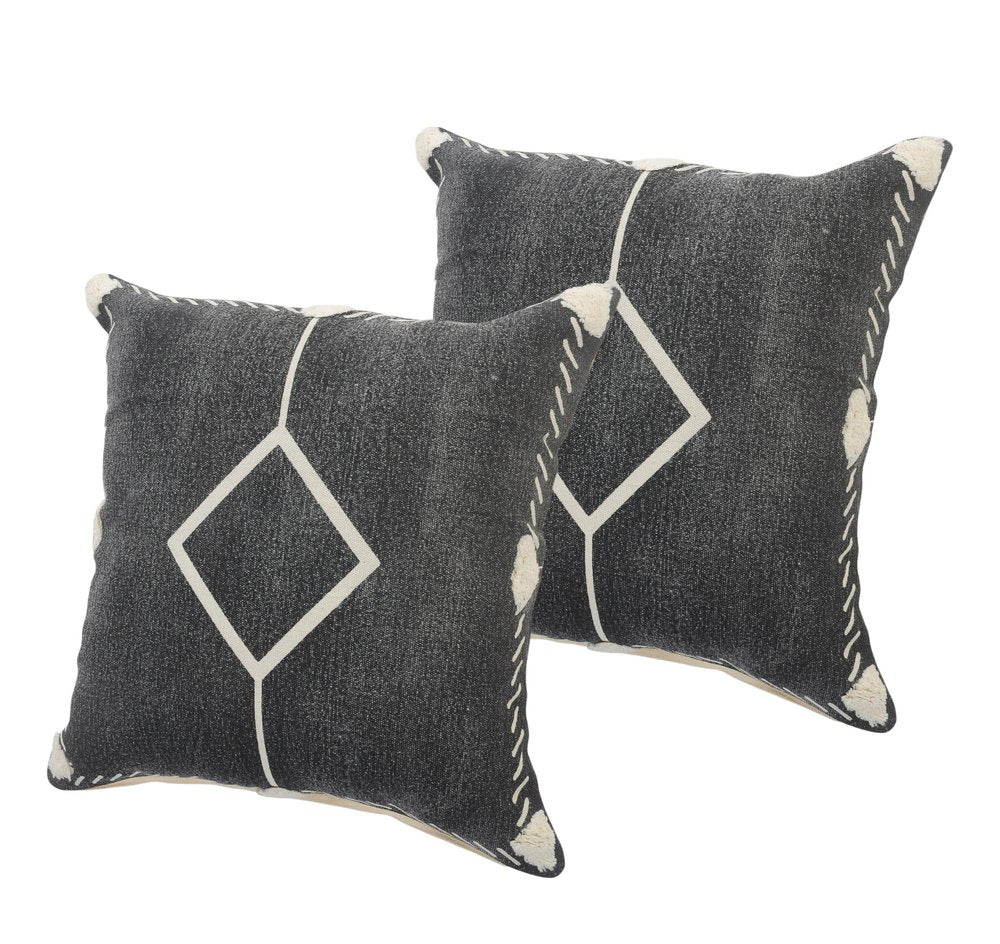 Set of Two 20" Black And Off White Diamond Cotton Throw Pillows