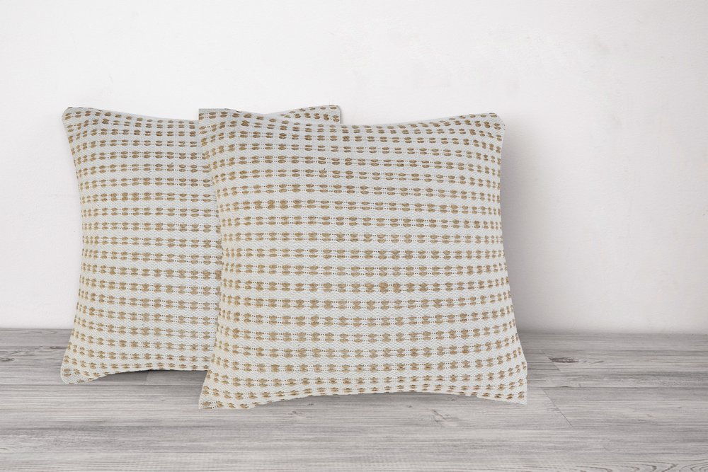 Set of Two 20" Ivory And Natural Striped Cotton And Jute Throw Pillows