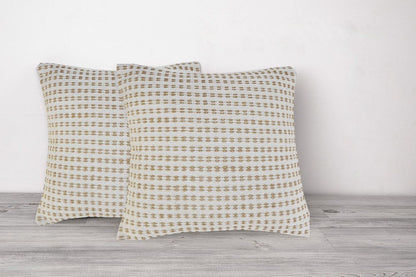Set of Two 20" Ivory And Natural Striped Cotton And Jute Throw Pillows