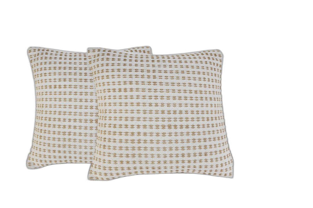 Set of Two 20" Ivory And Natural Striped Cotton And Jute Throw Pillows