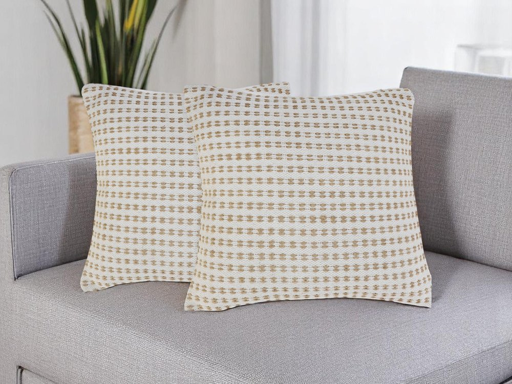 Set of Two 20" Ivory And Natural Striped Cotton And Jute Throw Pillows