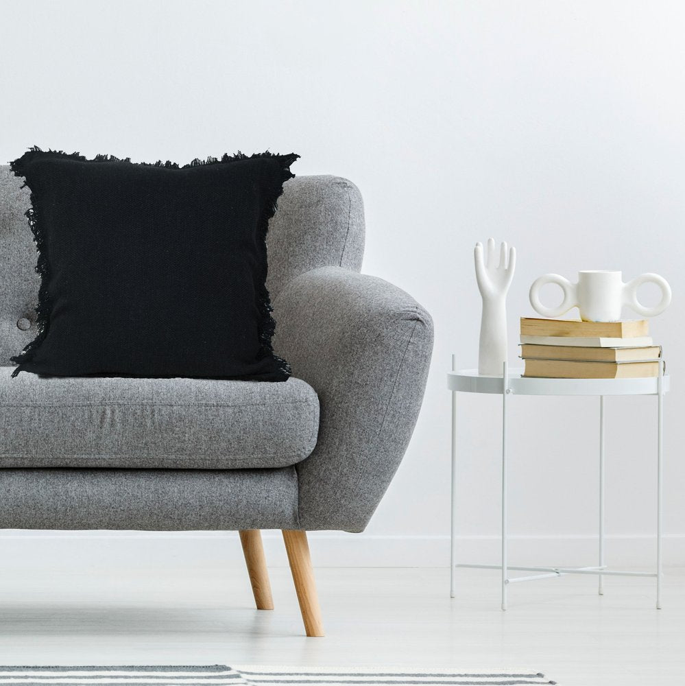 Set of Two 20" Black Cotton Throw Pillows with Fringe