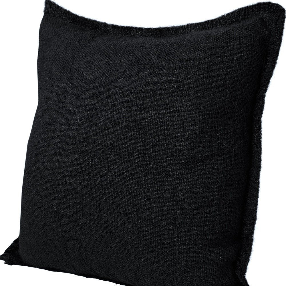 Set of Two 20" Black Cotton Throw Pillows with Fringe