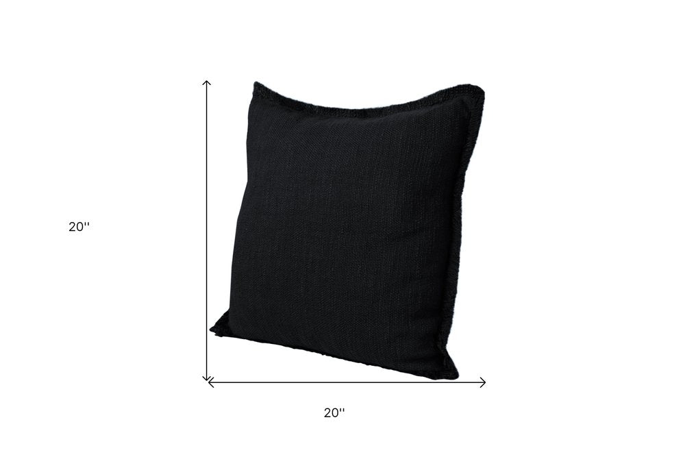 Set of Two 20" Black Cotton Throw Pillows with Fringe