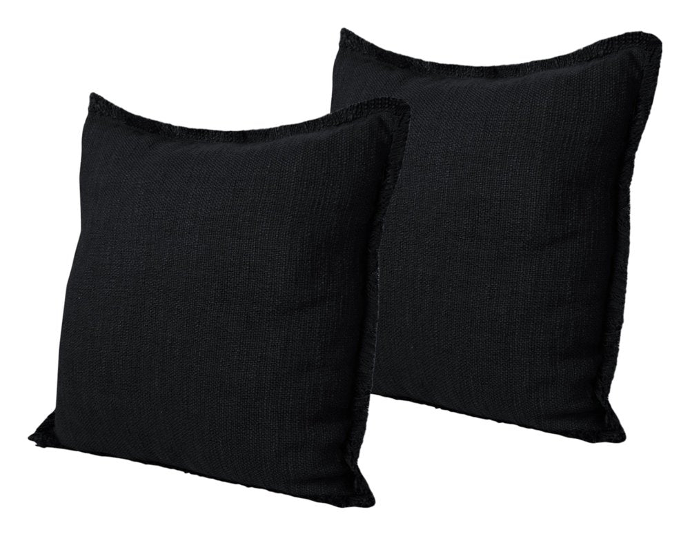 Set of Two 20" Black Cotton Throw Pillows with Fringe