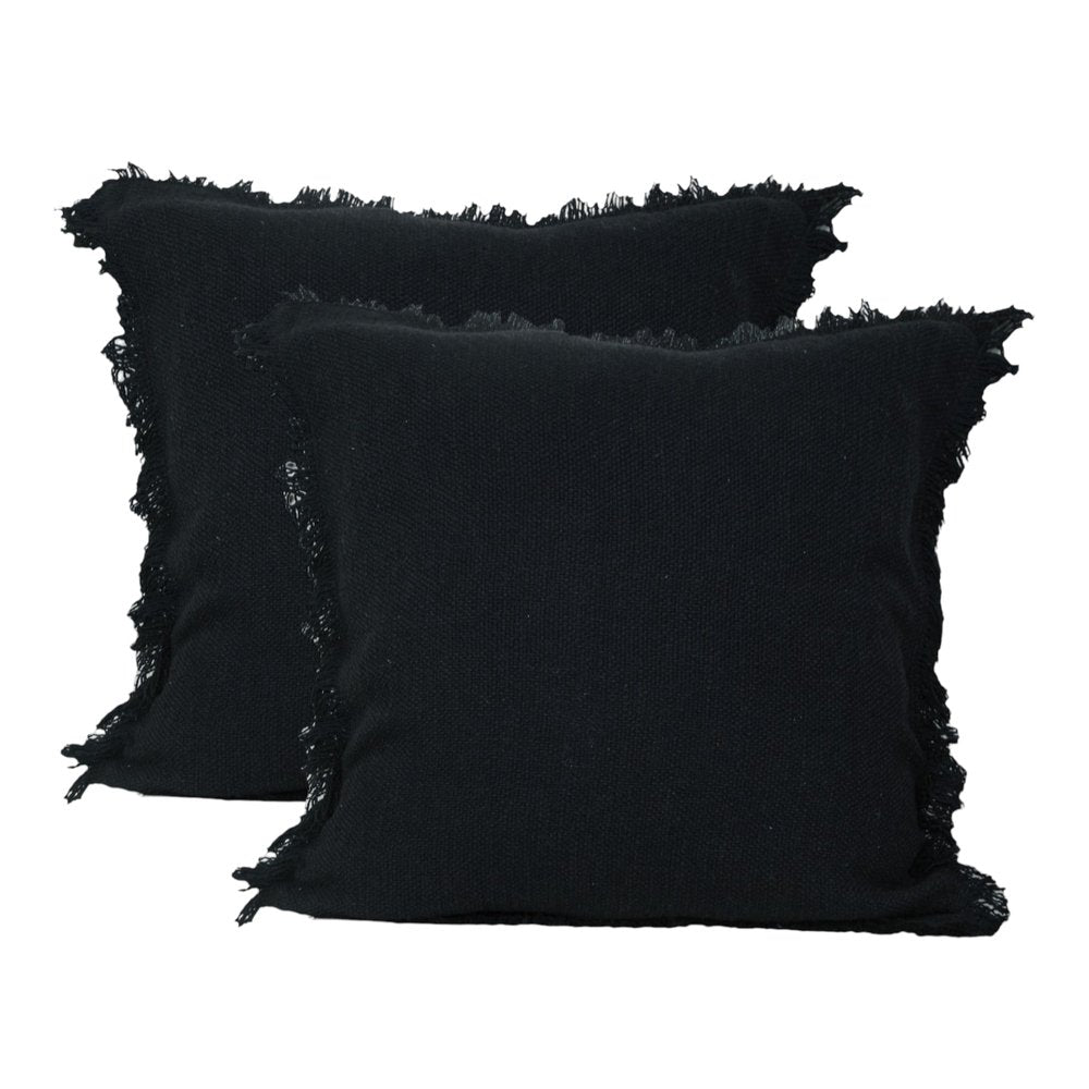 Set of Two 20" Black Cotton Throw Pillows with Fringe