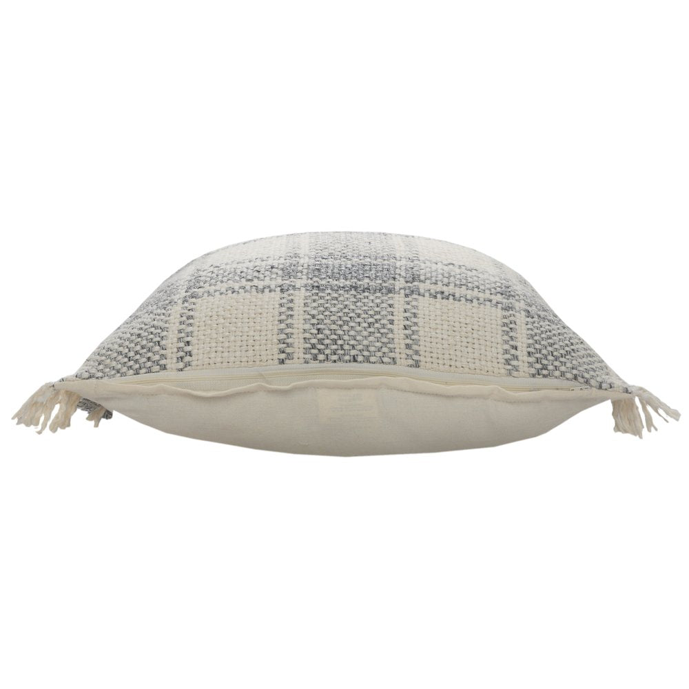 Set of Two 20" Off White And Gray Plaid Cotton Throw Pillows with Fringe