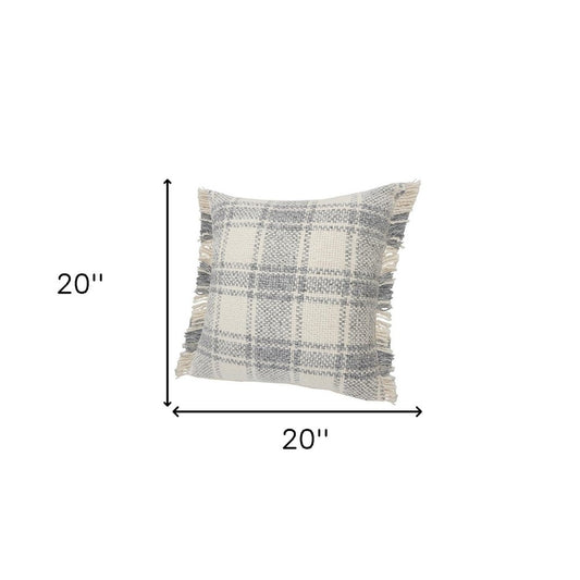 Set of Two 20" Off White And Gray Plaid Cotton Throw Pillows with Fringe