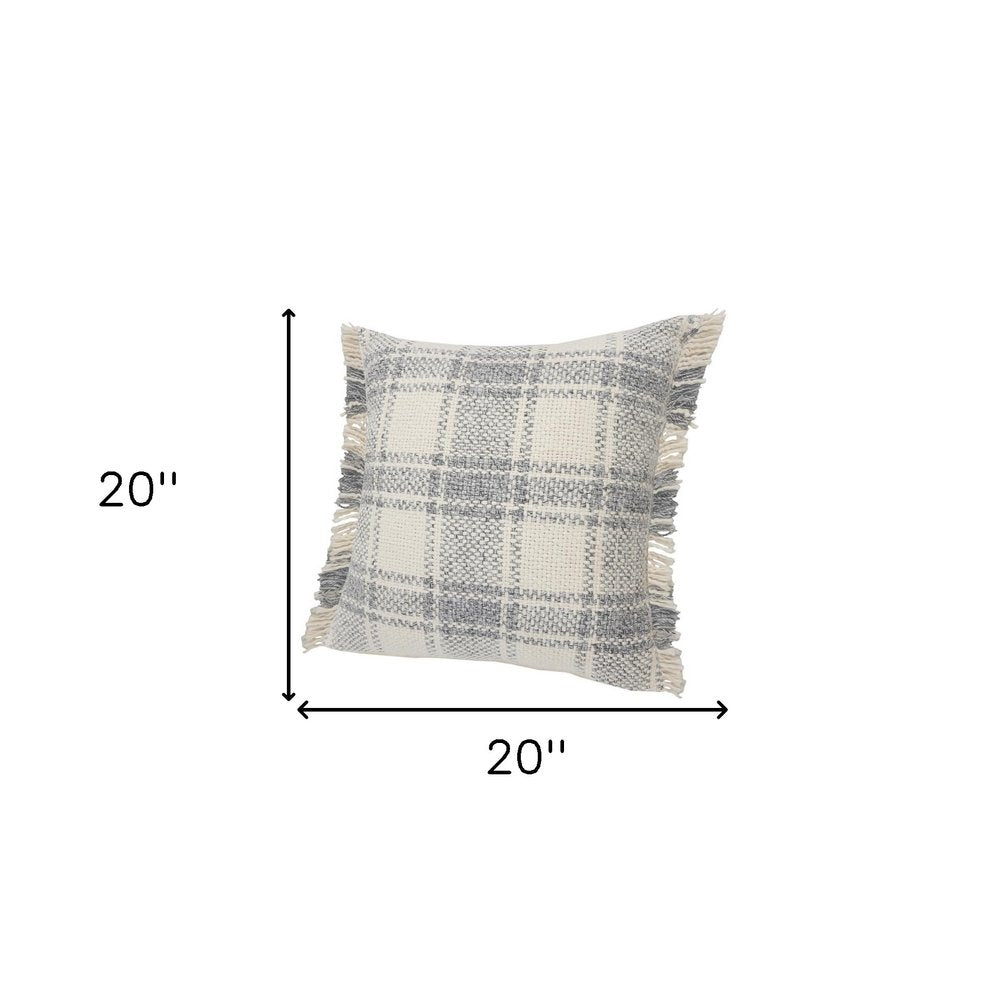 Set of Two 20" Off White And Gray Plaid Cotton Throw Pillows with Fringe