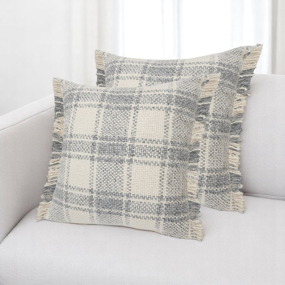 Set of Two 20" Off White And Gray Plaid Cotton Throw Pillows with Fringe