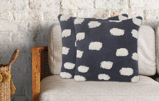 Set of Two 20" Dark Blue And Natural Polka Dot Cotton Throw Pillows with Texture