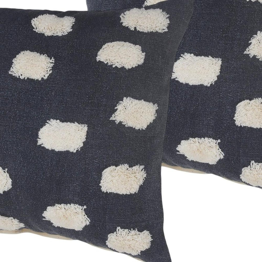 Set of Two 20" Dark Blue And Natural Polka Dot Cotton Throw Pillows with Texture