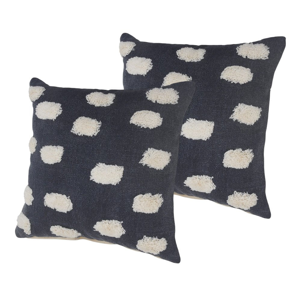 Set of Two 20" Dark Blue And Natural Polka Dot Cotton Throw Pillows with Texture