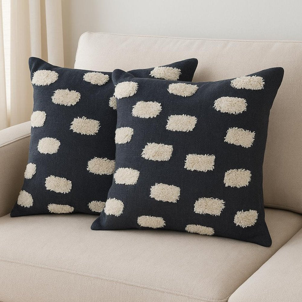 Set of Two 20" Dark Blue And Natural Polka Dot Cotton Throw Pillows with Texture