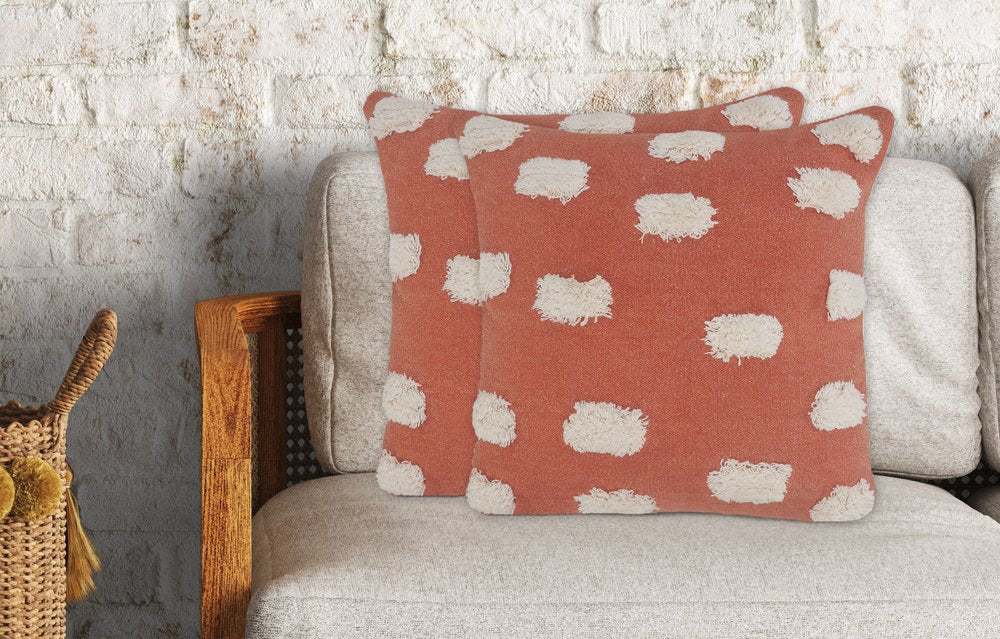 Set of Two 20" Orange And Natural And Orange Polka Dot Cotton Throw Pillows with Pompoms