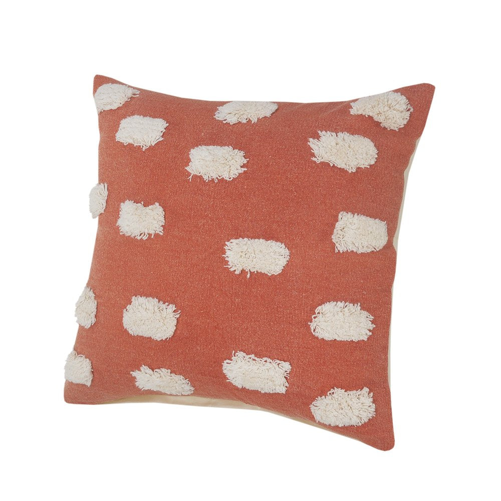 Set of Two 20" Orange And Natural And Orange Polka Dot Cotton Throw Pillows with Pompoms