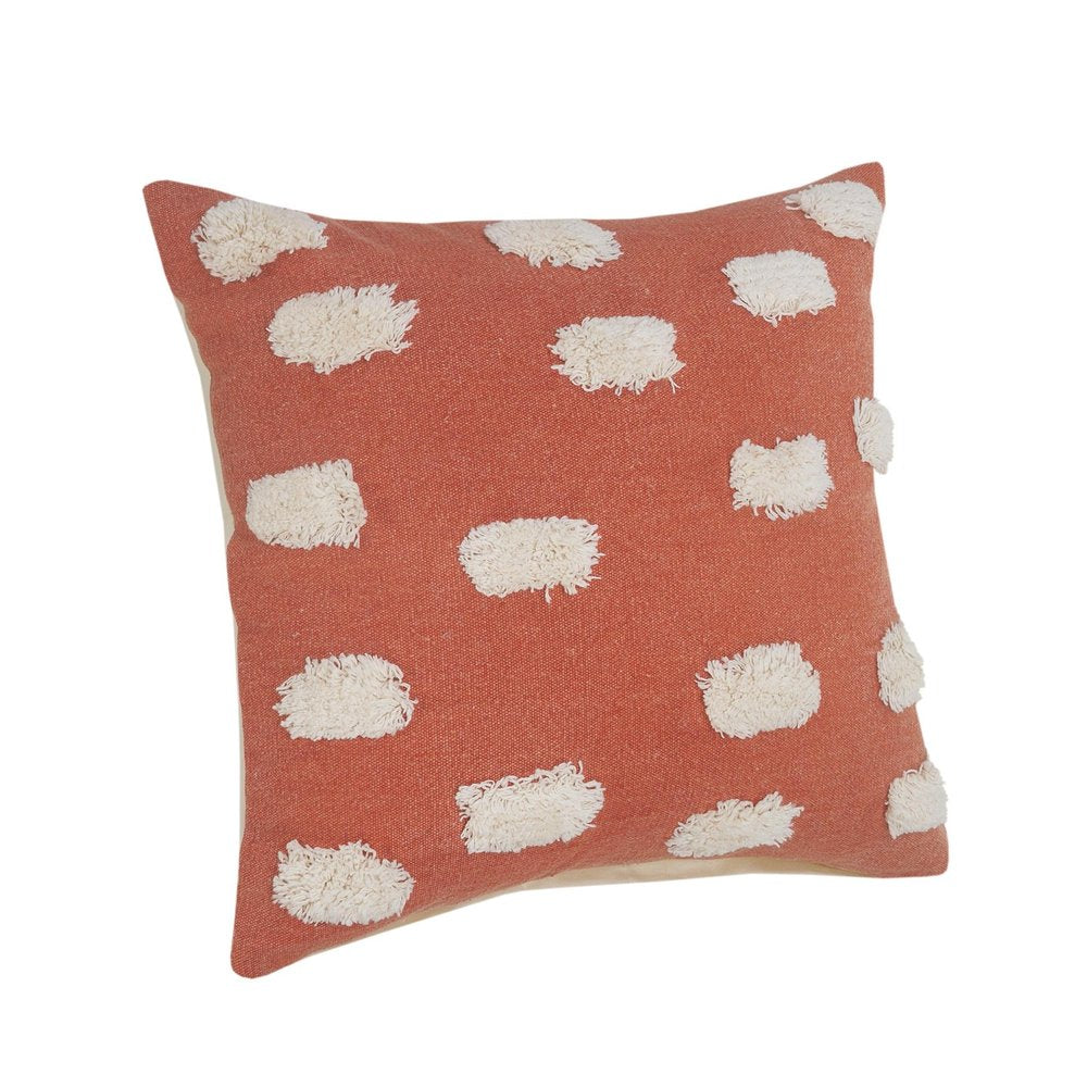 Set of Two 20" Orange And Natural And Orange Polka Dot Cotton Throw Pillows with Pompoms