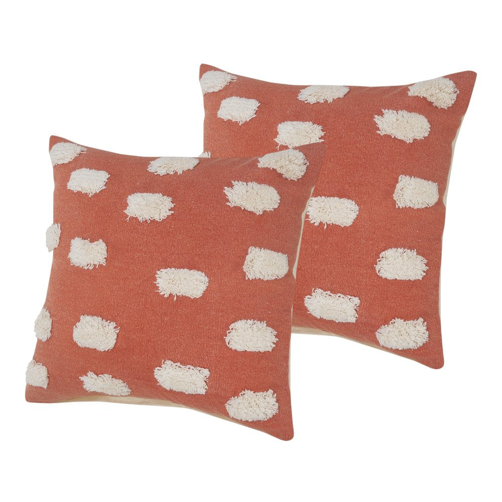 Set of Two 20" Orange And Natural And Orange Polka Dot Cotton Throw Pillows with Pompoms