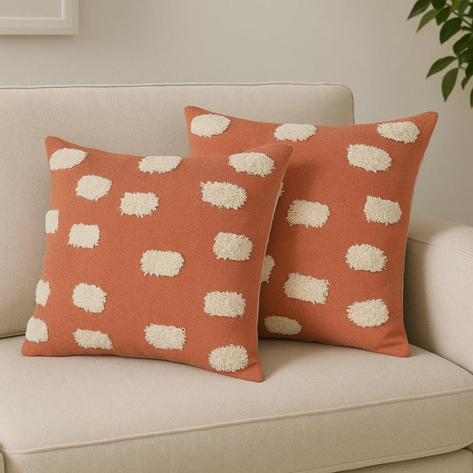Set of Two 20" Orange And Natural And Orange Polka Dot Cotton Throw Pillows with Pompoms