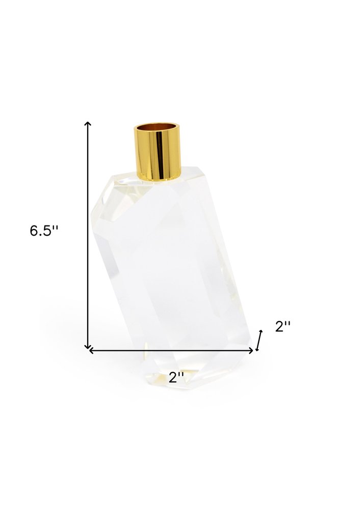 7" Clear And Gold Geo Faceted Crystal Tabletop Taper Candlestick