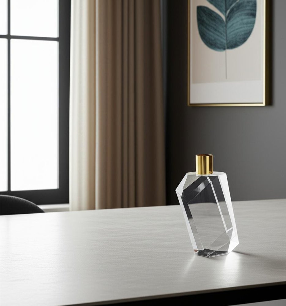 7" Clear And Gold Geo Faceted Crystal Tabletop Taper Candlestick