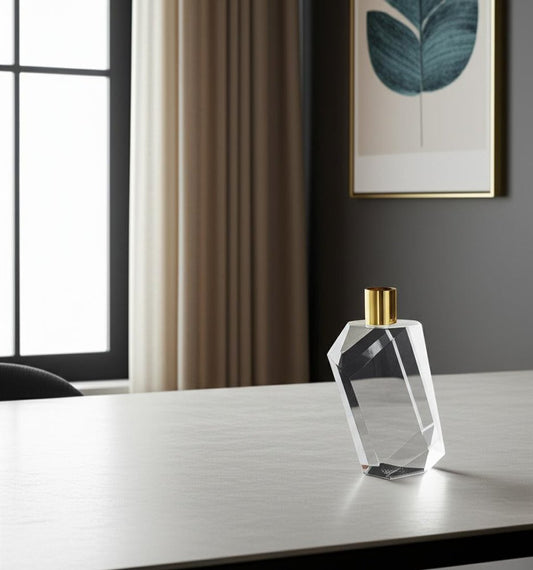 7" Clear And Gold Geo Faceted Crystal Tabletop Taper Candlestick