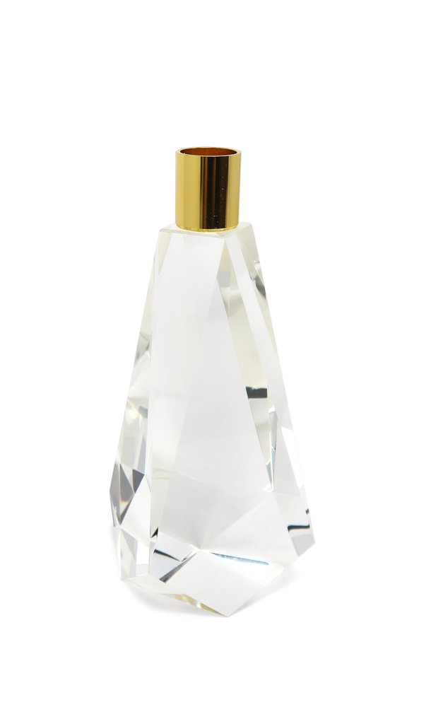 8" Clear And Gold Geo Faceted Crystal Tabletop Taper Candlestick