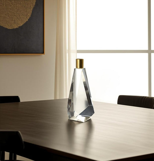 8" Clear And Gold Geo Faceted Crystal Tabletop Taper Candlestick