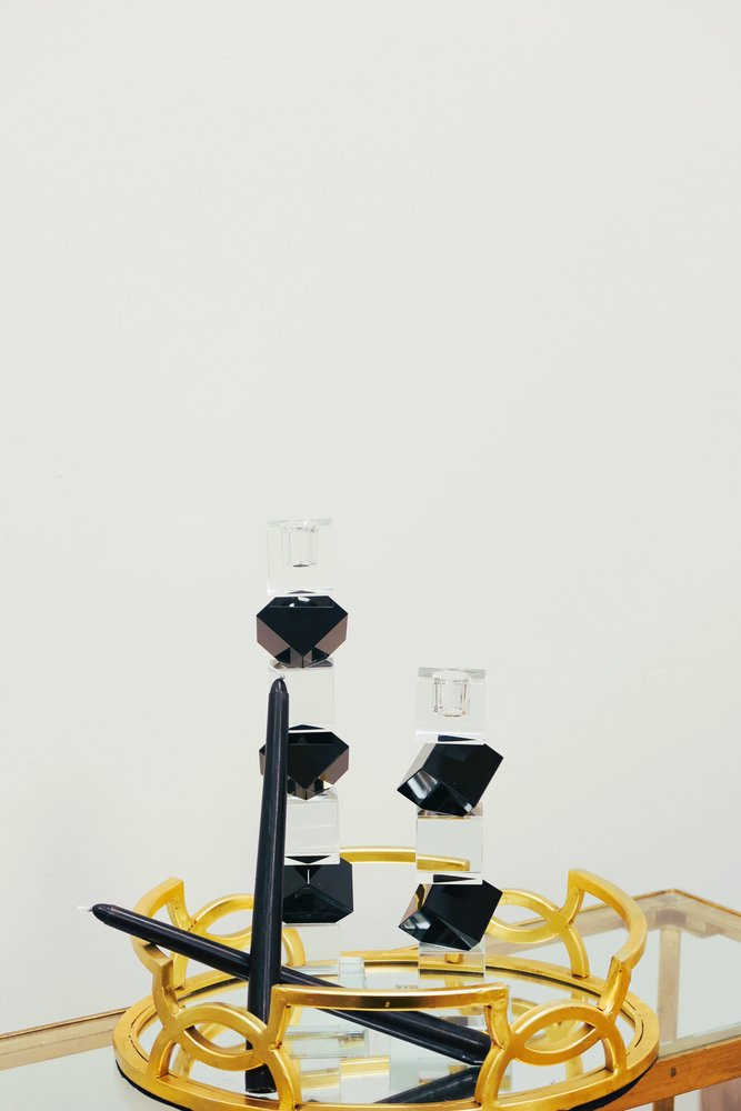 9" Black And Clear Crystal Tabletop Taper Candlestick