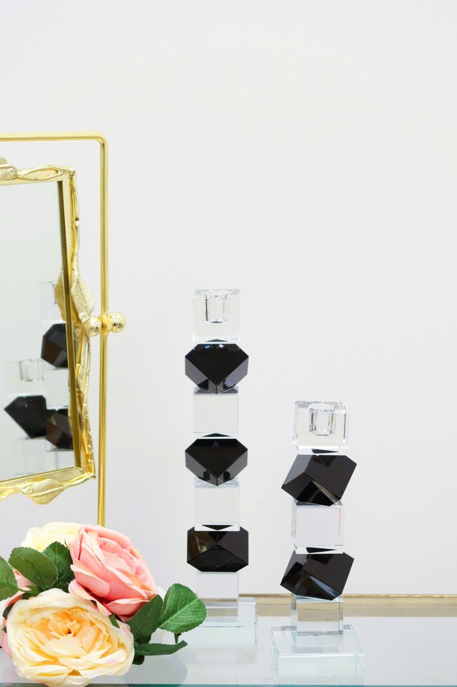 9" Black And Clear Crystal Tabletop Taper Candlestick