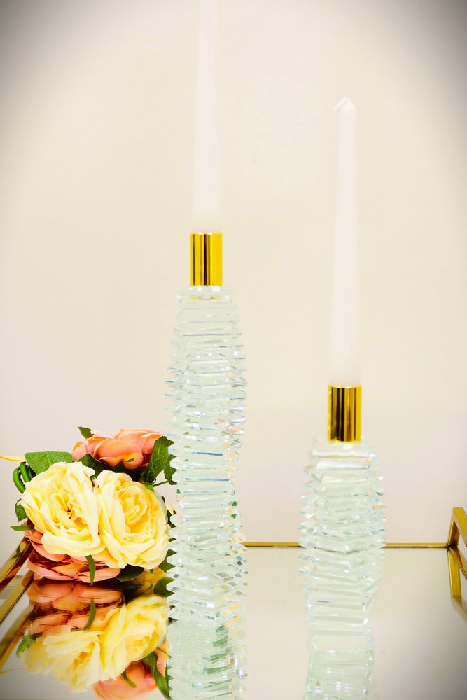 8" Clear And Gold Twisted Crystal Tabletop Taper Candlestick