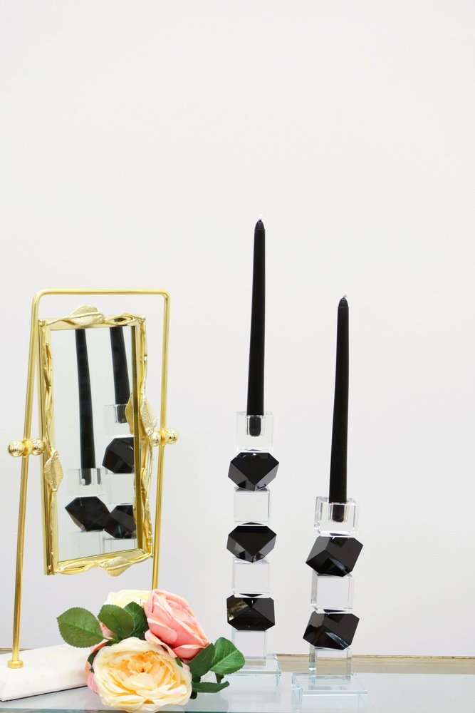 12" Black And Clear Crystal Tabletop Taper Candlestick