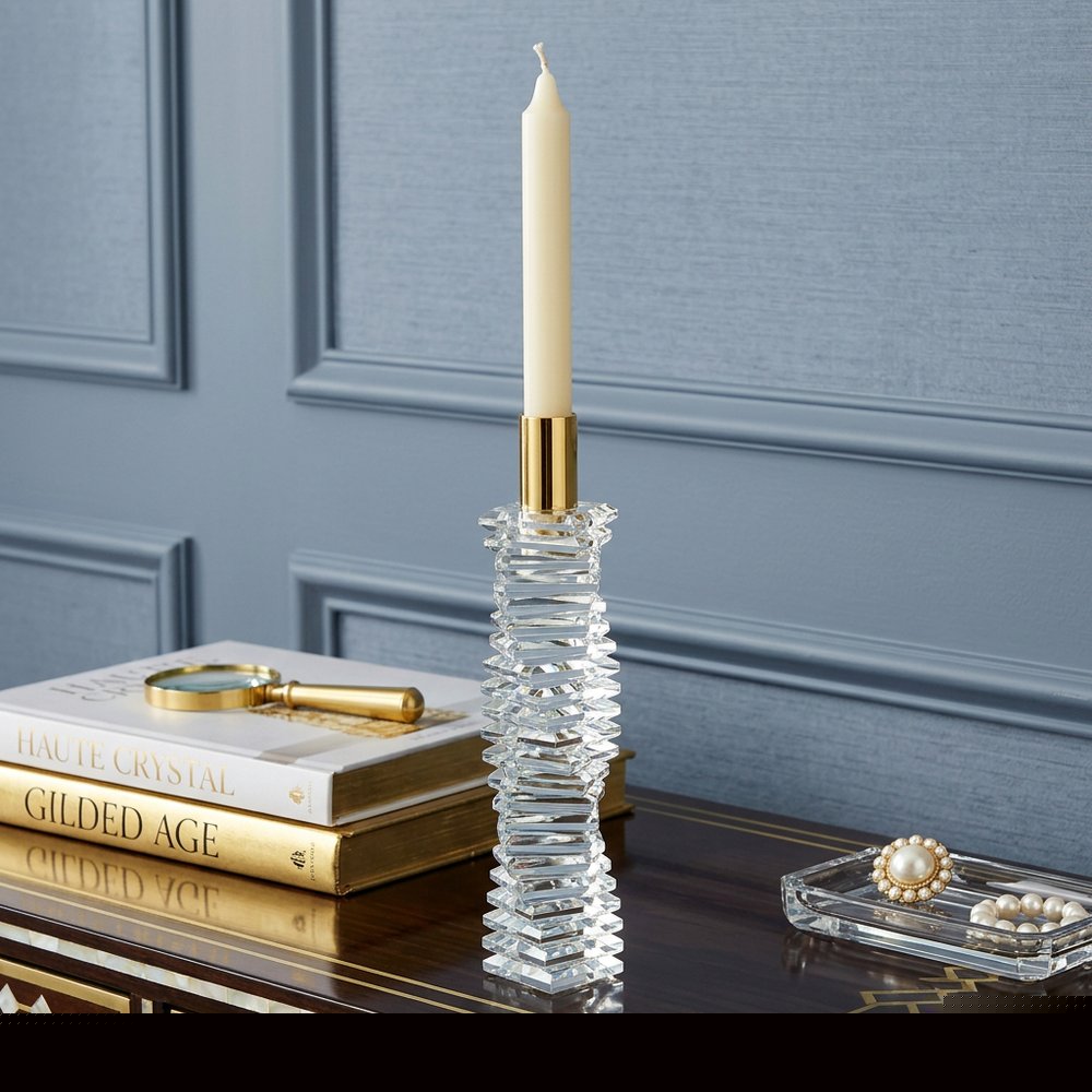 12" Clear And Gold Twisted Crystal Tabletop Taper Candlestick