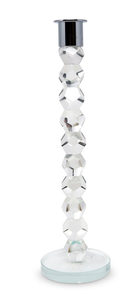 11" Clear And Silver Geo Stacks Crystal Tabletop Taper Candlestick
