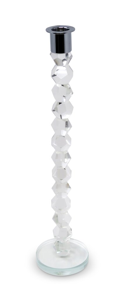 14" Clear And Silver Geo Stacks Crystal Tabletop Taper Candlestick