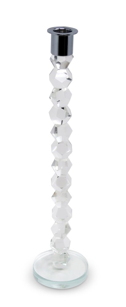 14" Clear And Silver Geo Stacks Crystal Tabletop Taper Candlestick