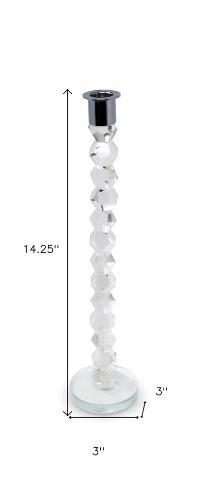 14" Clear And Silver Geo Stacks Crystal Tabletop Taper Candlestick