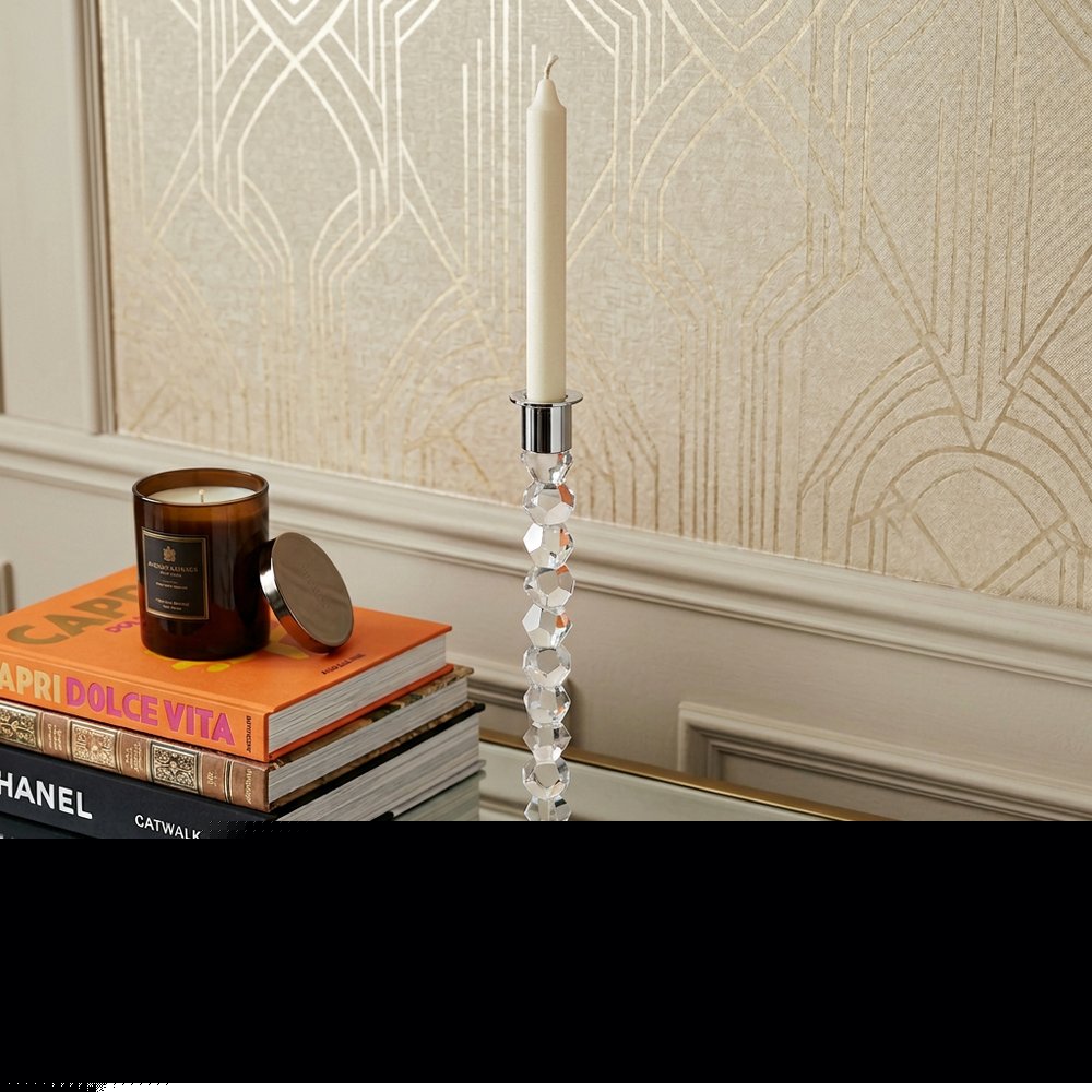 14" Clear And Silver Geo Stacks Crystal Tabletop Taper Candlestick