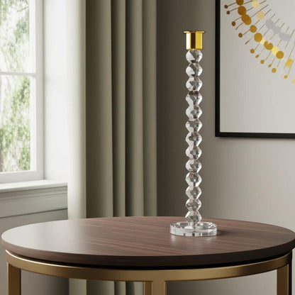 14" Clear And Gold Geo Stacks Crystal Tabletop Taper Candlestick