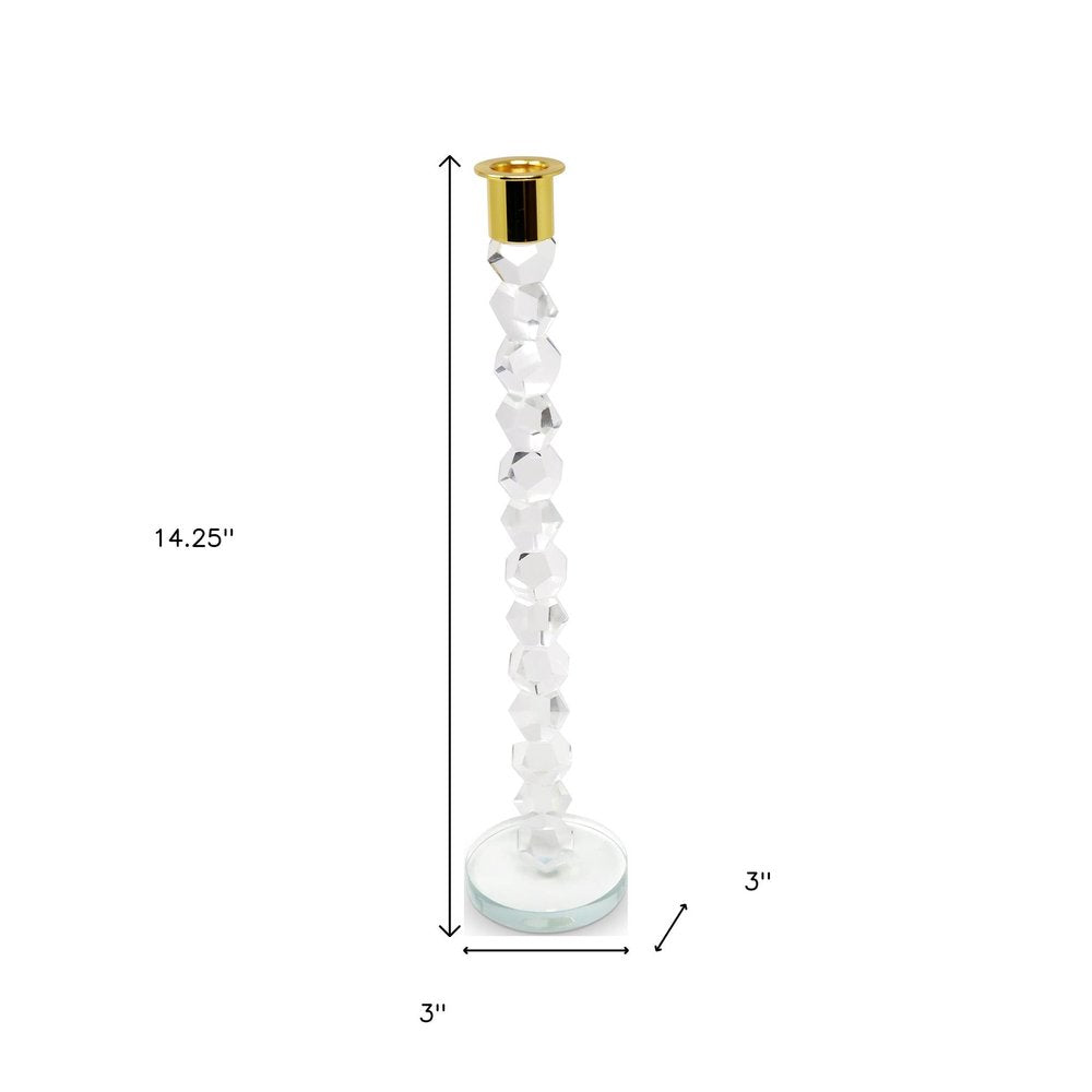 14" Clear And Gold Geo Stacks Crystal Tabletop Taper Candlestick