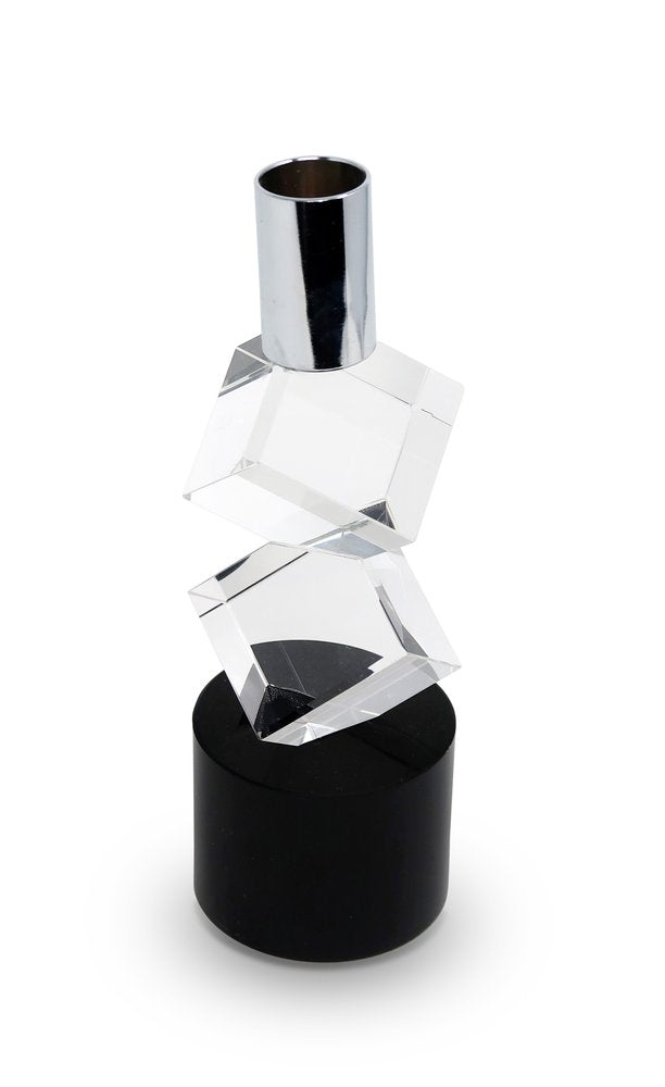 8" Silver Clear And Black Faceted Crystal Tabletop Taper Candlestick