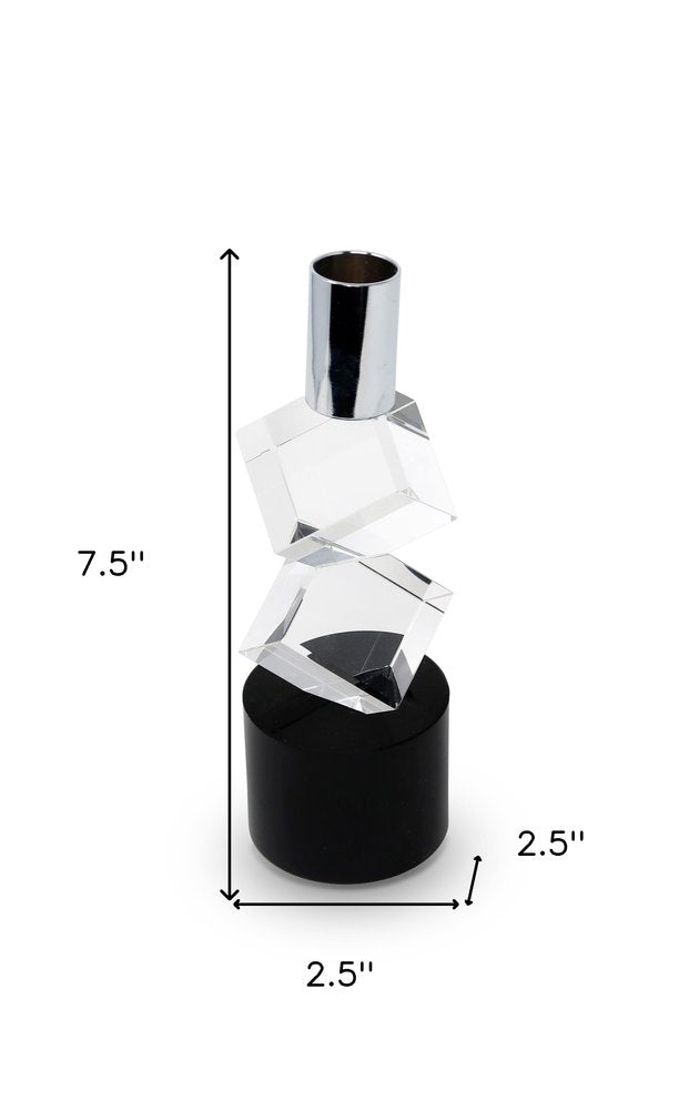 8" Silver Clear And Black Faceted Crystal Tabletop Taper Candlestick