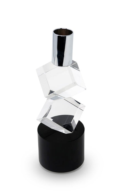 8" Silver Clear And Black Faceted Crystal Tabletop Taper Candlestick