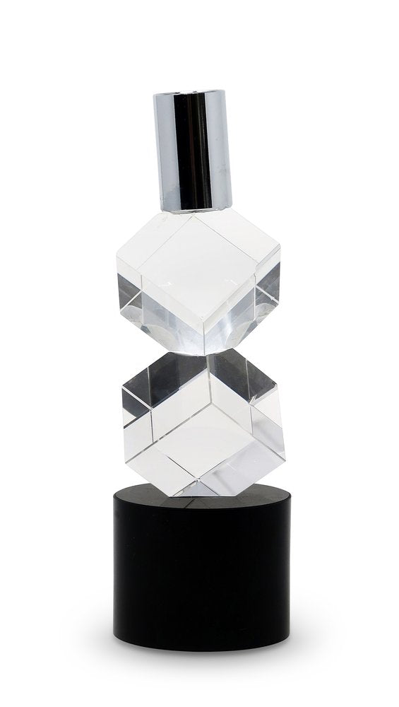 8" Silver Clear And Black Faceted Crystal Tabletop Taper Candlestick